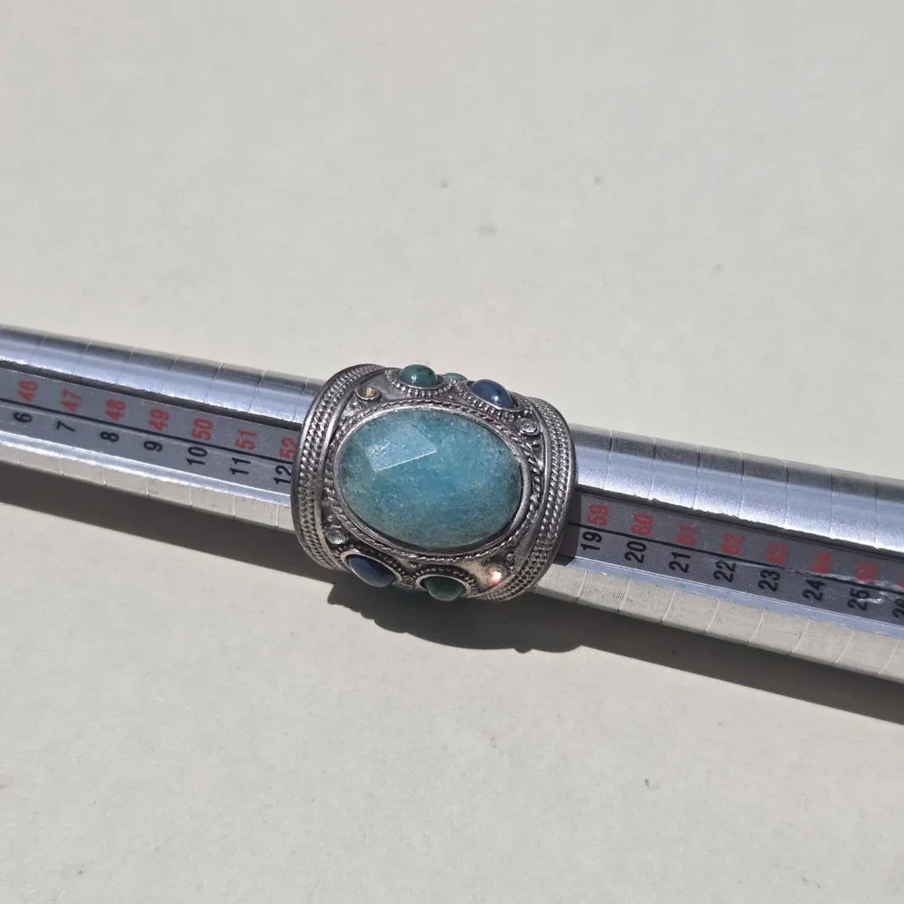 Vintage 925 Sterling Silver Mixed Stone Boho Statement Ring Size 7.25 Blue Green